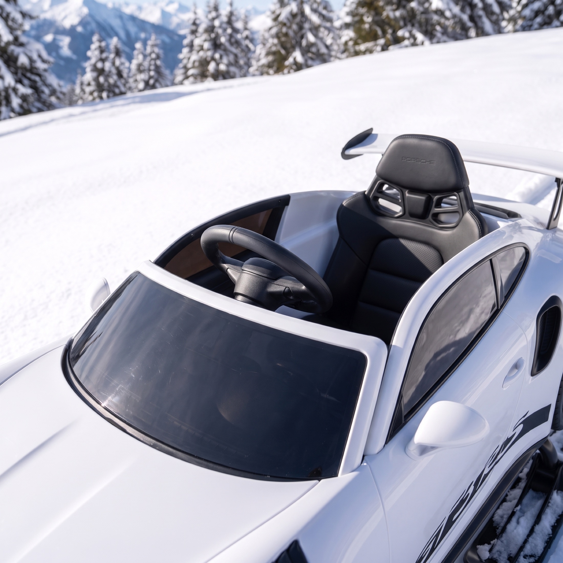 Close-up of the Apex Sled cockpit, steering wheel, and seat