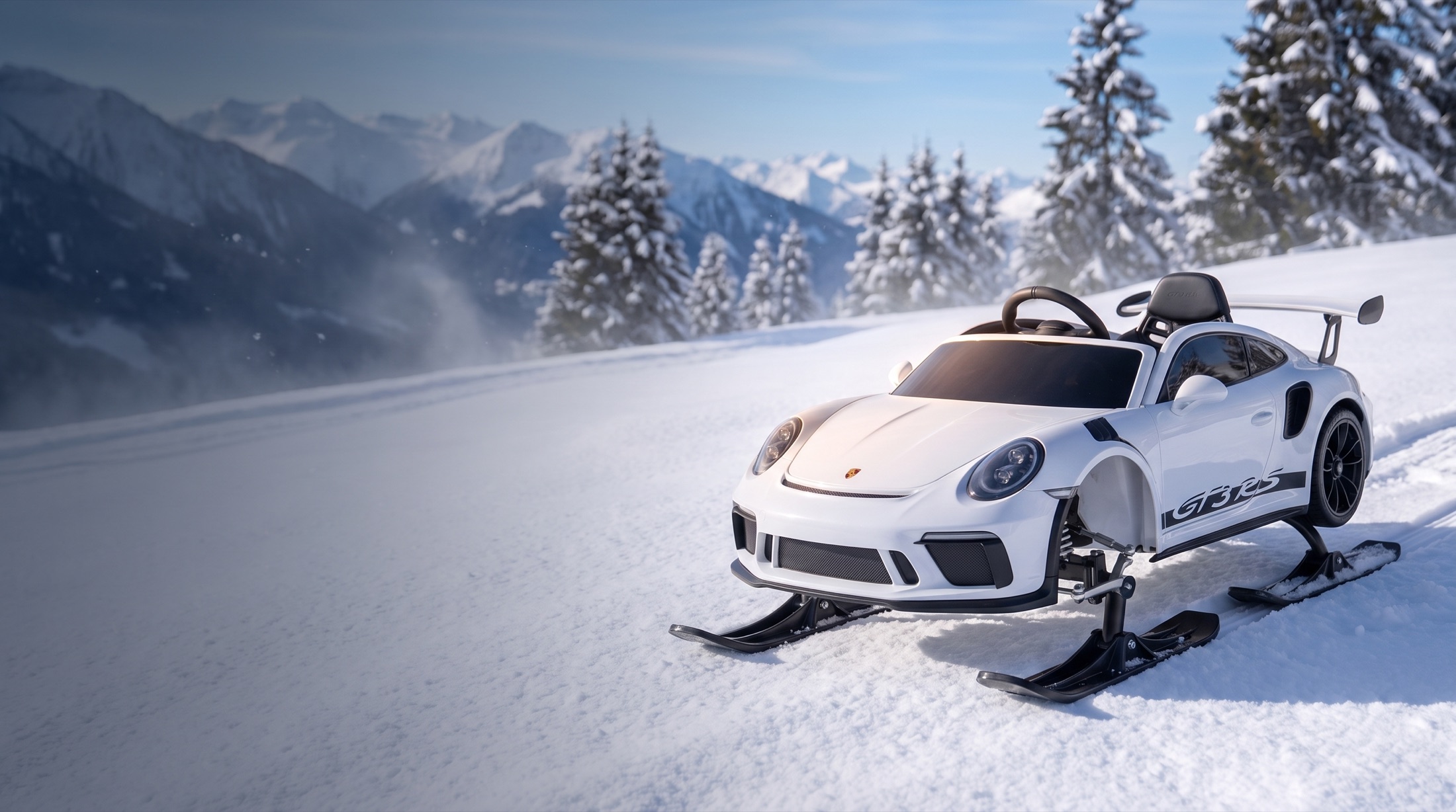 White sports-car-inspired snow sled on an alpine slope