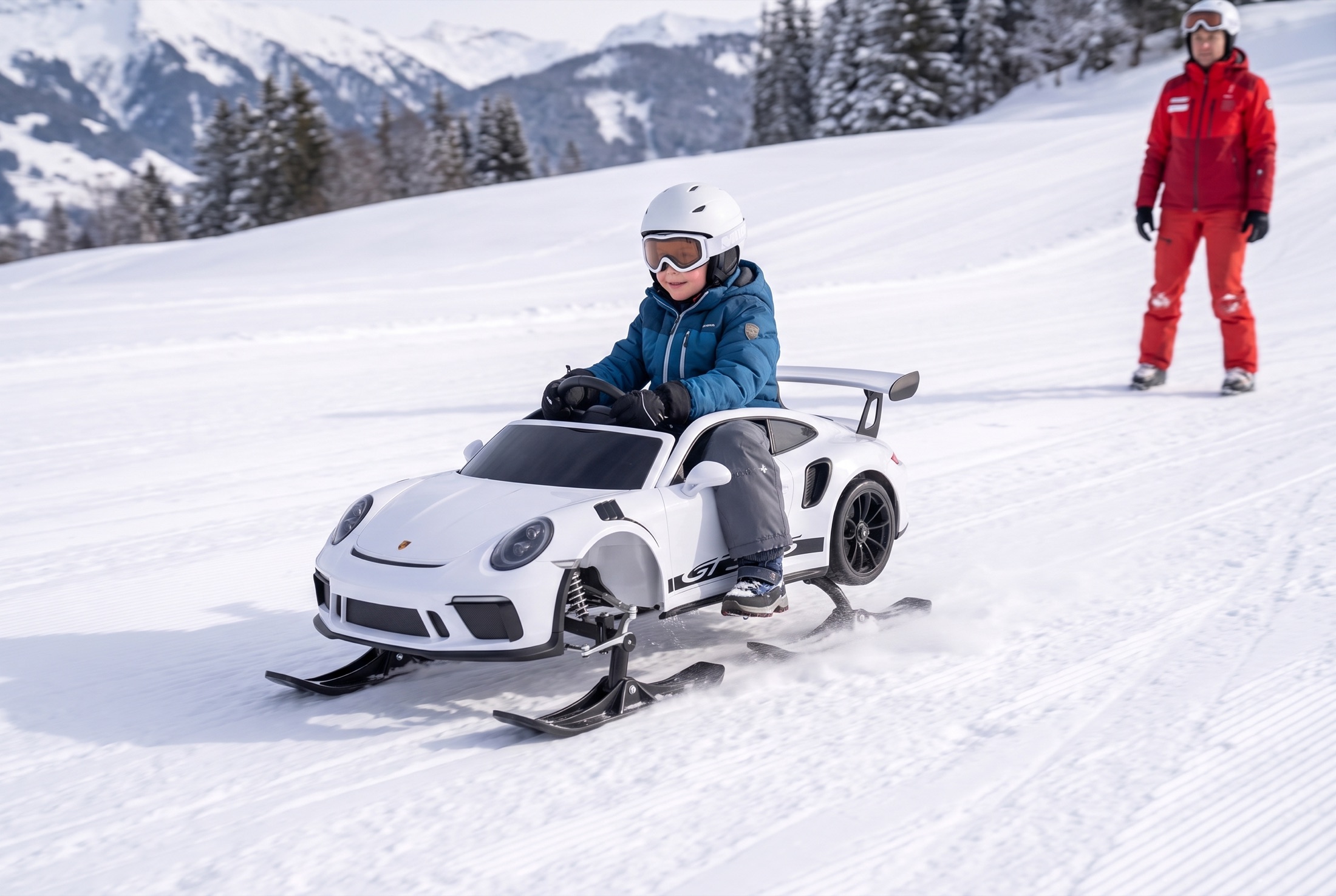Helmeted child riding an Apex Sled under adult supervision on a gentle groomed snow slope